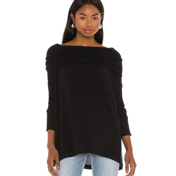Free People Juicy Long Sleeve Black Ribbed Split Back Cowl Neck Top - M - Picture 2 of 16